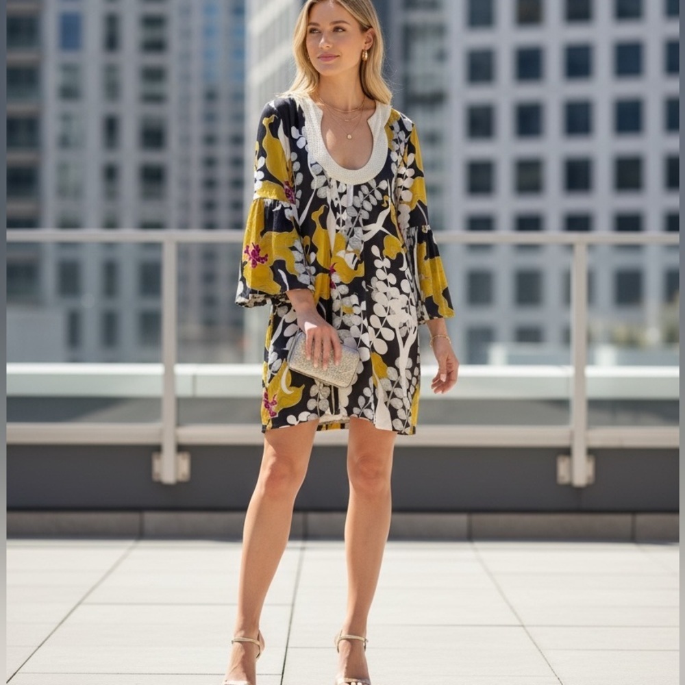 Trina Turk Bonita Silk Dress with Bell Sleeves & Sequin Neckline – Size 4
